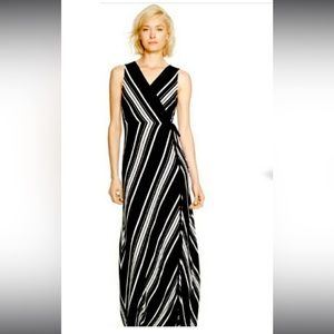 White House Black Market XS Black Striped Sleeveless Faux‎ Wrap Maxi Dress